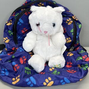 Pet Sac Cat Stuffed Plush Toy Blue White Kitty Paw Prints Backpack Book Bag
